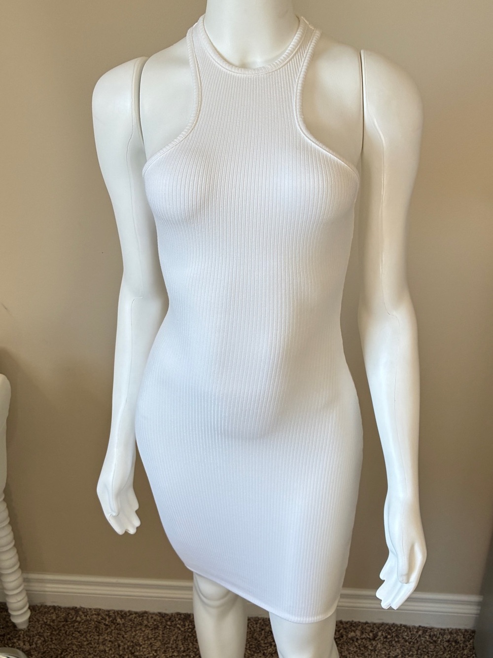 NAKED WARDROBE white ribbed racerback halter mini dress size XS